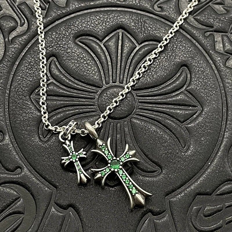Chrome Hearts Double Cross Pendant Sterling Silver — CX085做旧绿钻 (配珍珠链)