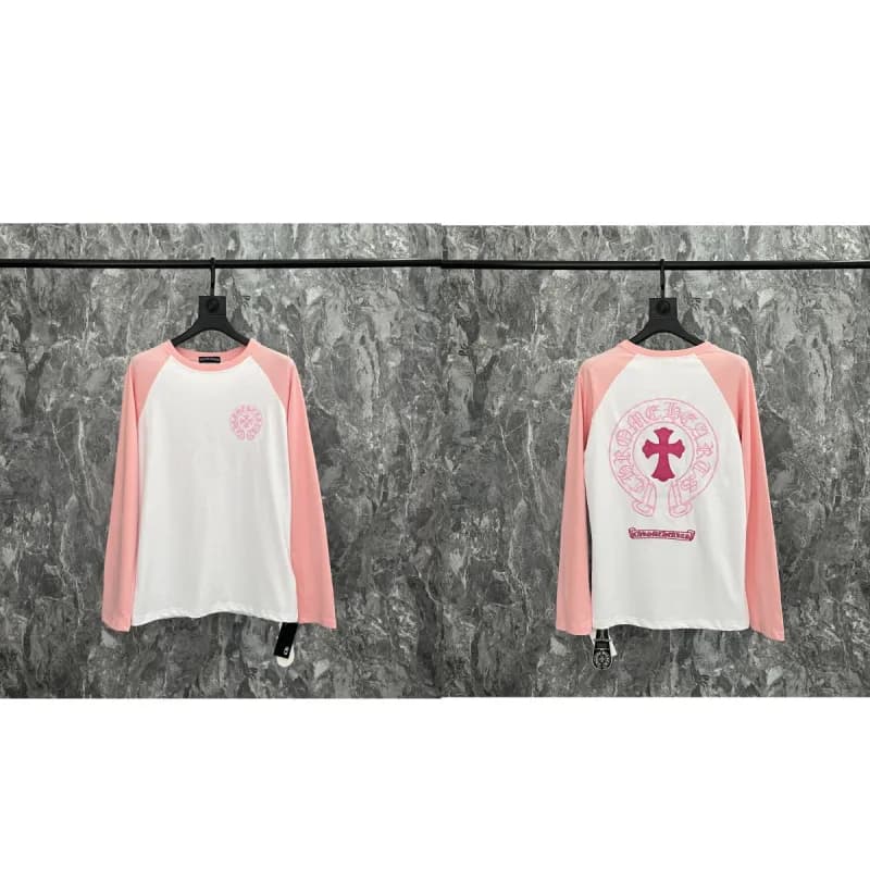 Chrome Hearts Long Sleeve Tee Pink Cross Logo — 9007粉拼白