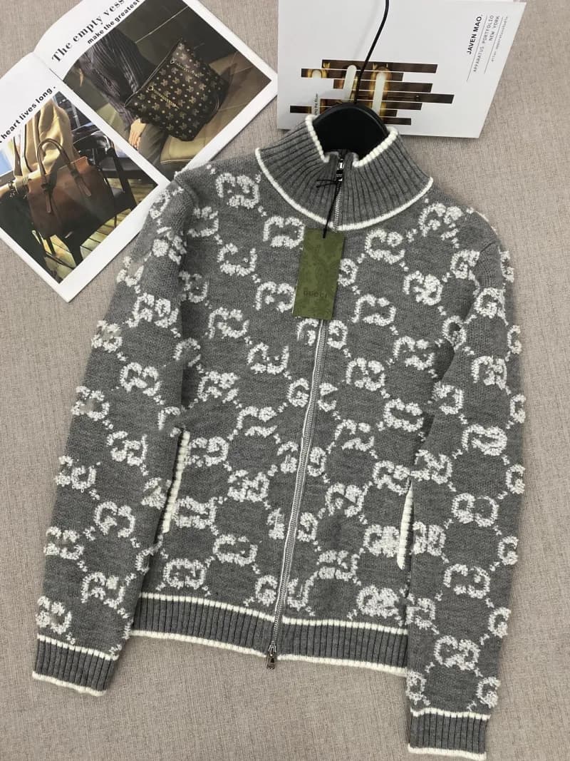 Gucci GG Knit Zip-Up Sweater Intarsia Logo Pattern