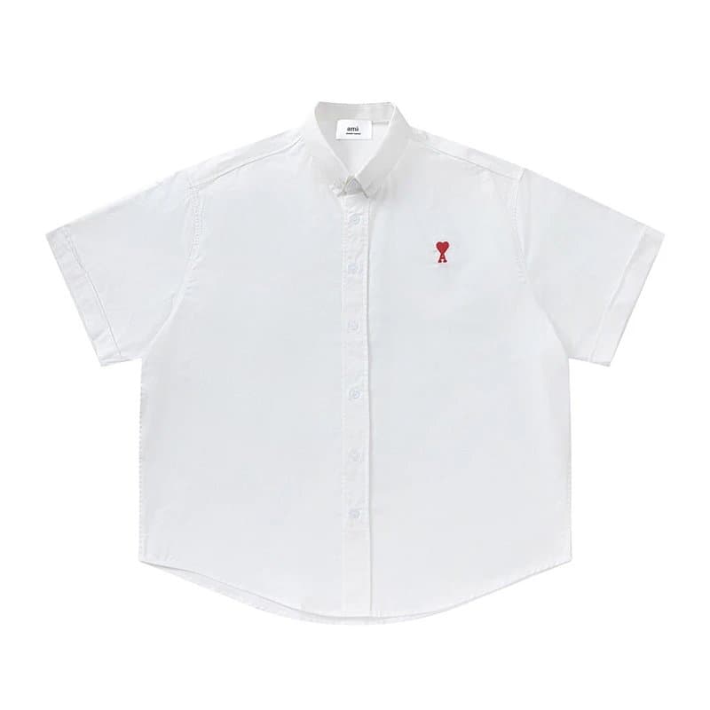 AMI Paris Button-Up Shirt Red Heart Logo — 白色【827短袖款】