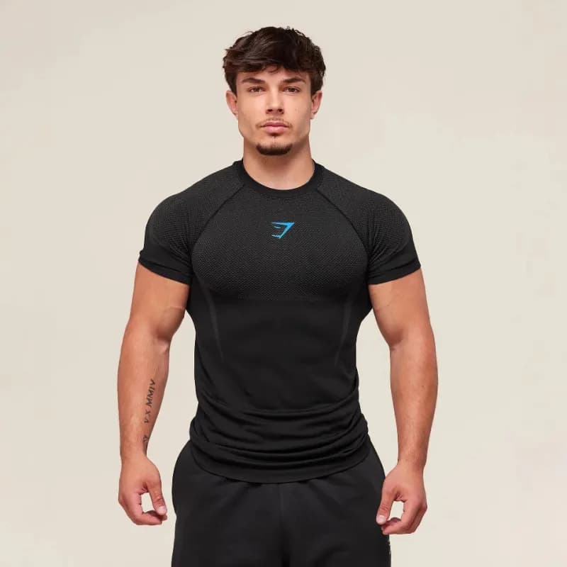Compression Long-Sleeve Top Custom Print — Black net---blue logo
