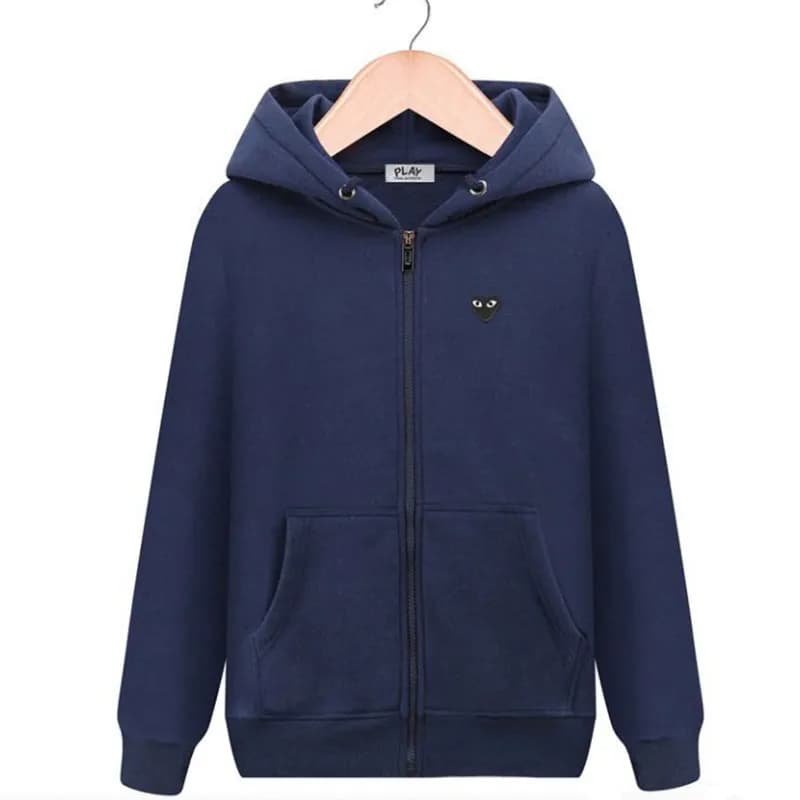 Comme des Garçons Zip-Up Hoodie Heart Logo — Fleece-linednavy bluecardigan behind big black heart