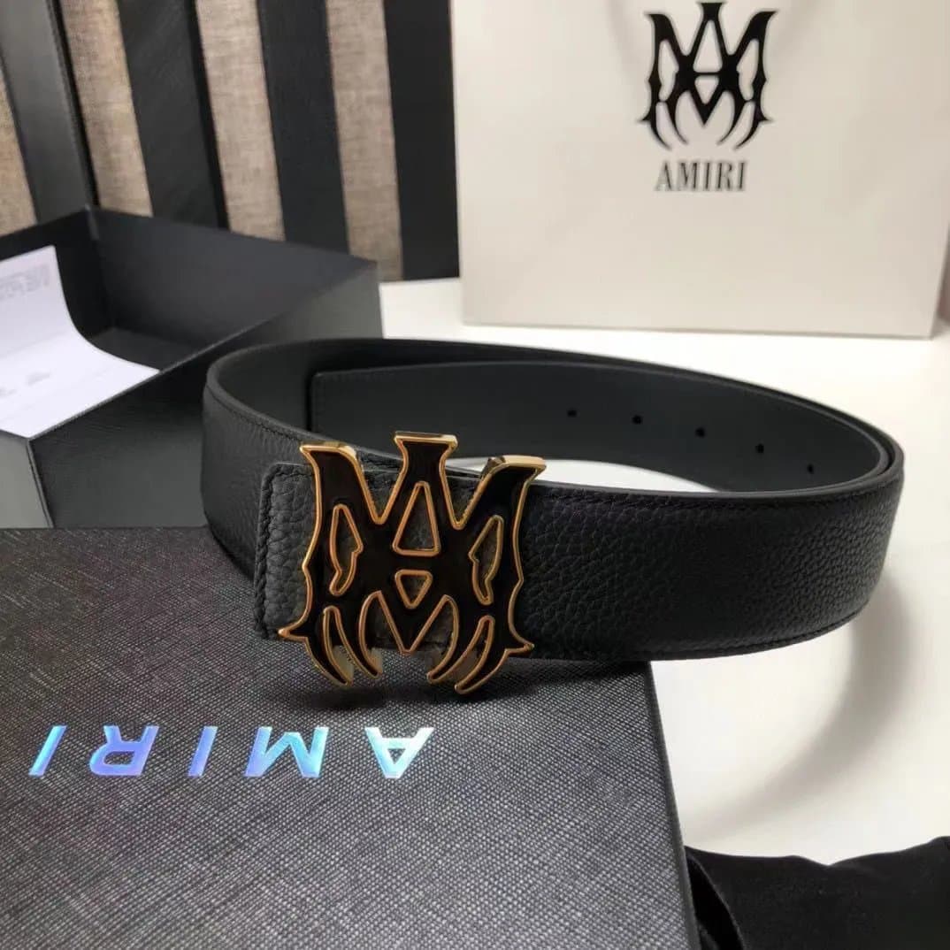 Amiri Logo Buckle Belt Gold Logo — 八爪金边黑胶 荔枝纹带