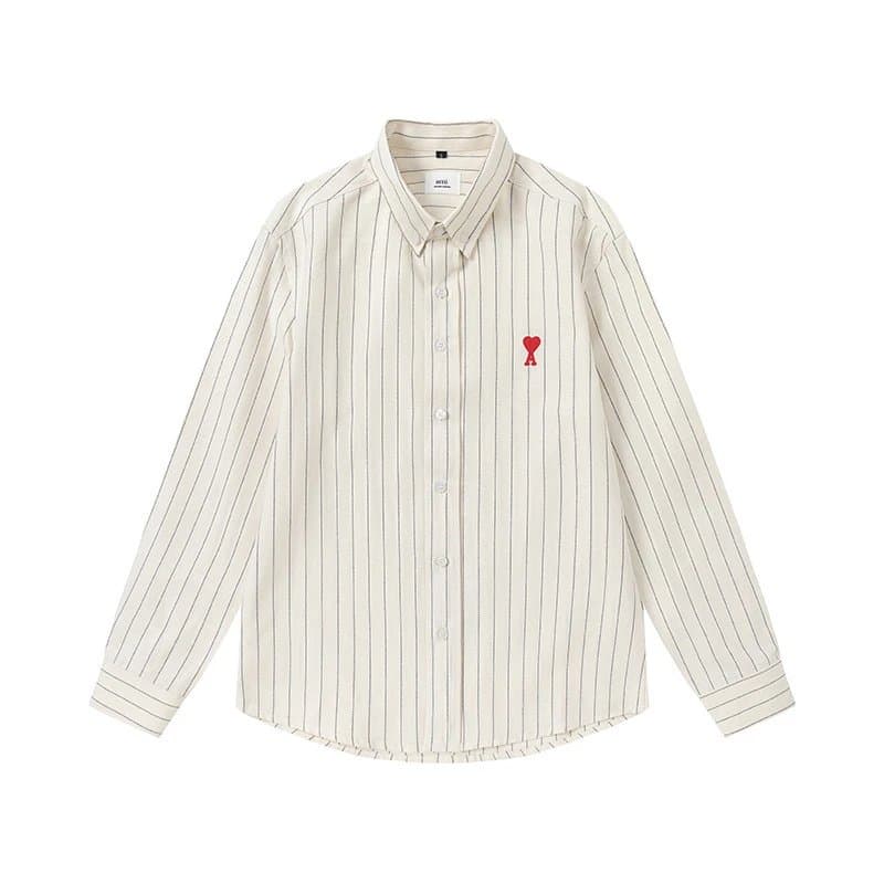 AMI Paris Button-Up Shirt Red Heart Logo — 杏色条纹【828长袖款】