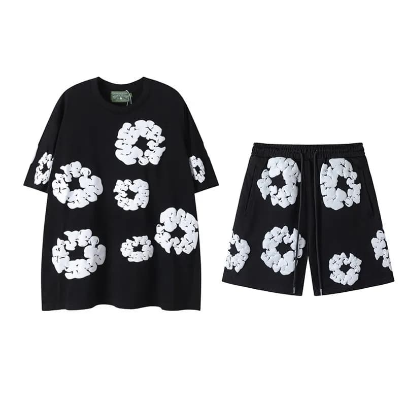 Balenciaga Flower Hoodie and Joggers Set 3D Flower Print — 短袖套装黑色