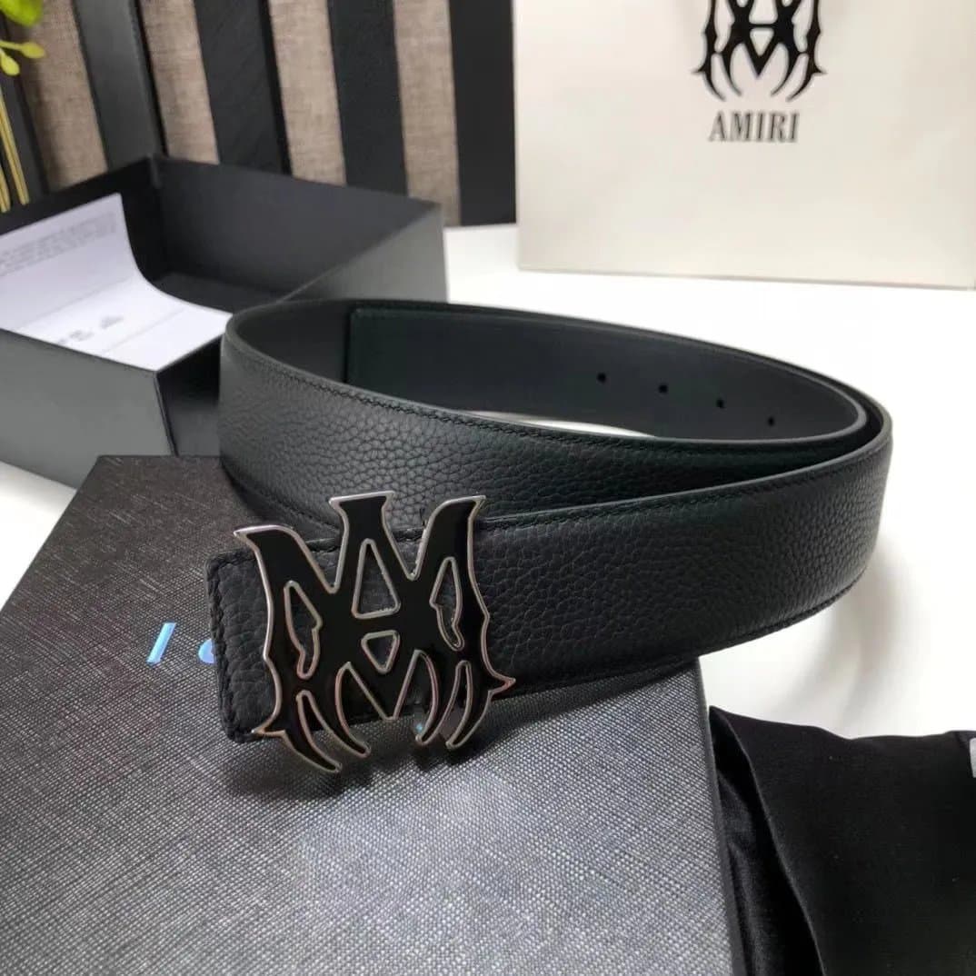 Amiri Logo Buckle Belt Gold Logo — 八爪银边黑胶扣荔枝纹带