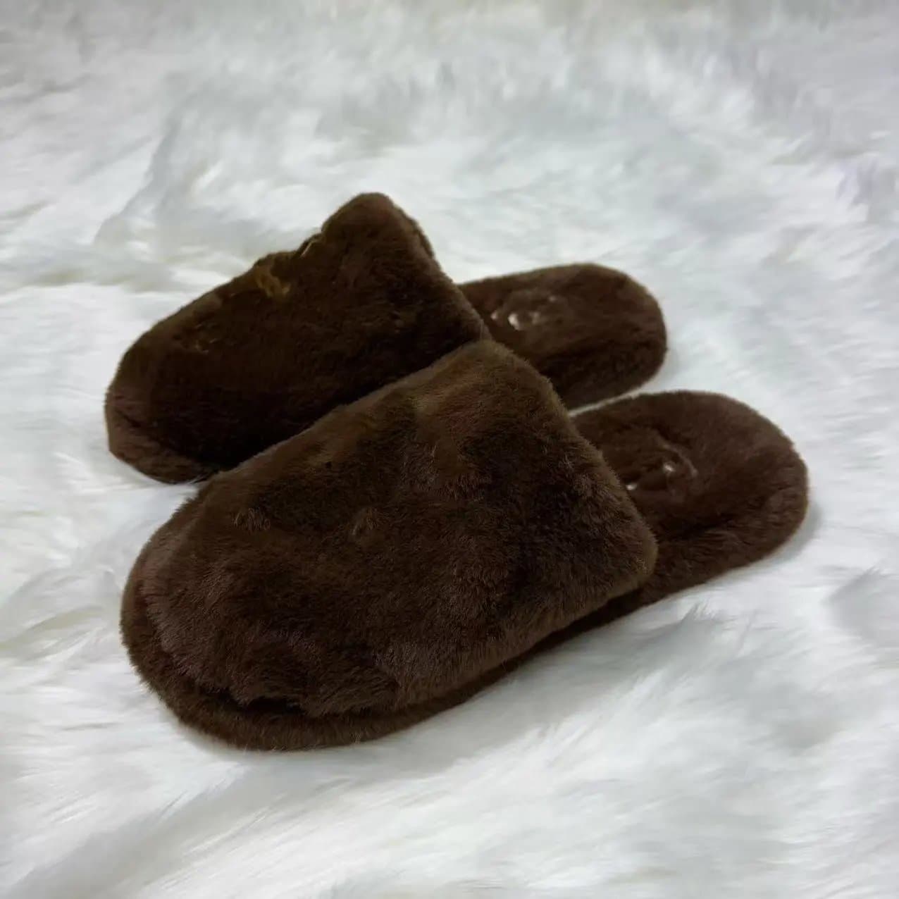 Faux Fur Slipper Plush Brown