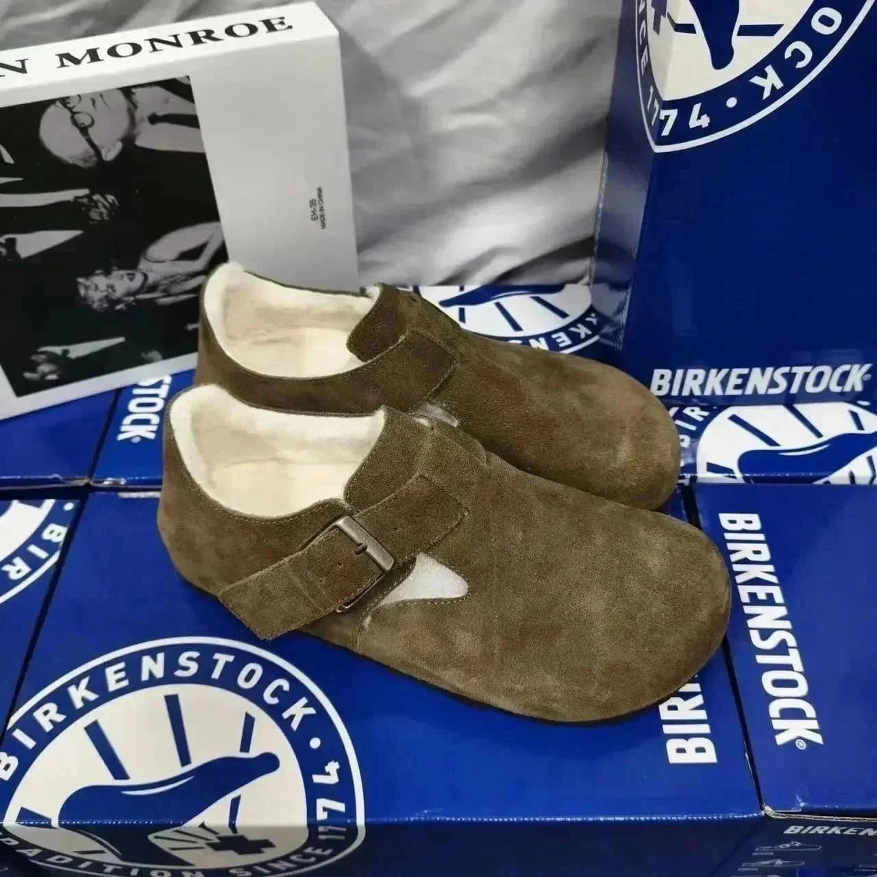 Birkenstock Boston Clog Suede — 全包款灰绿色加绒