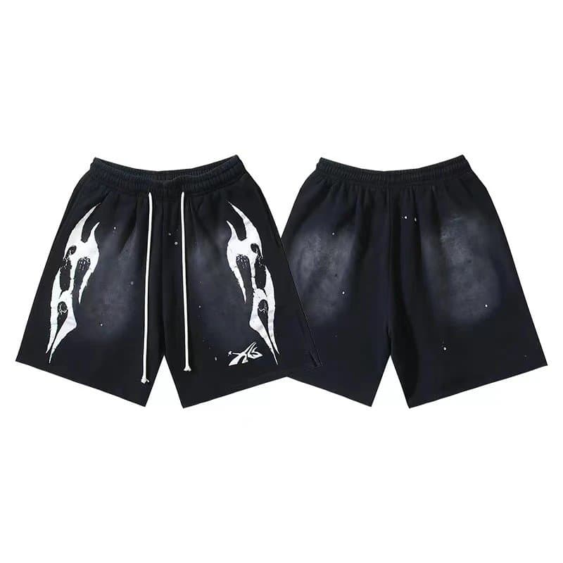 Sp5der Flame Shorts Pink with Black Flame Print — 779洗水做旧黑色