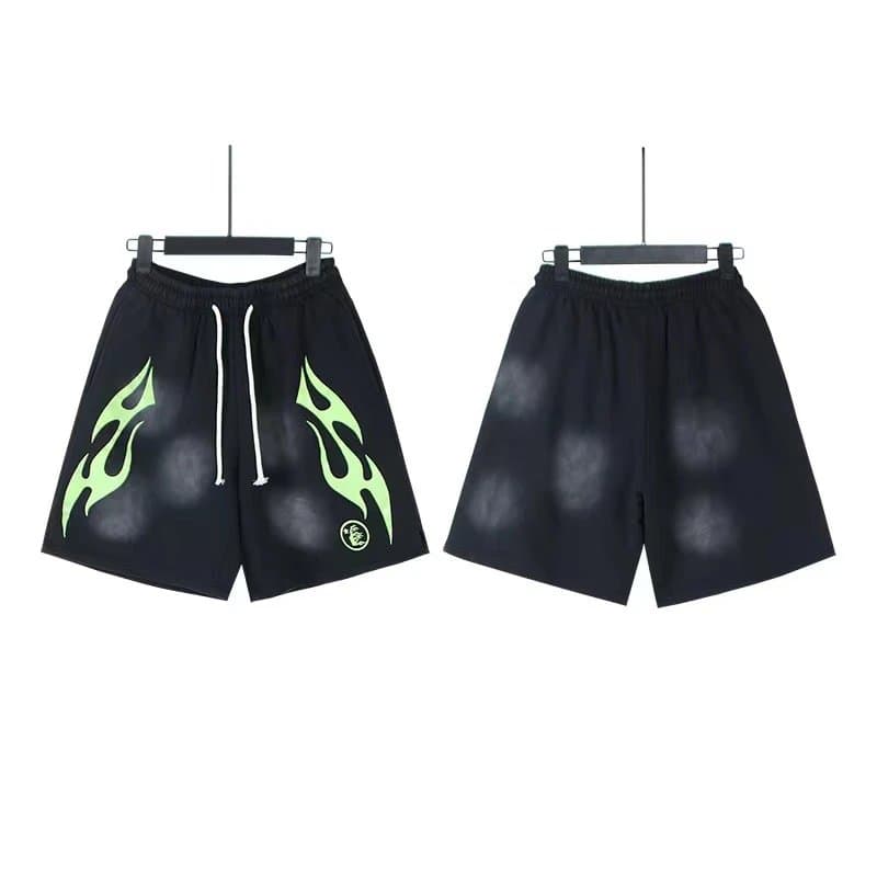 Sp5der Flame Shorts Pink with Black Flame Print — 777洗水做旧黑绿色