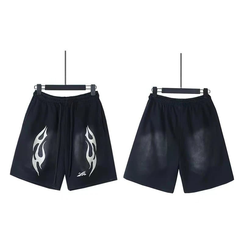 Sp5der Flame Shorts Pink with Black Flame Print — 716洗水做旧黑色