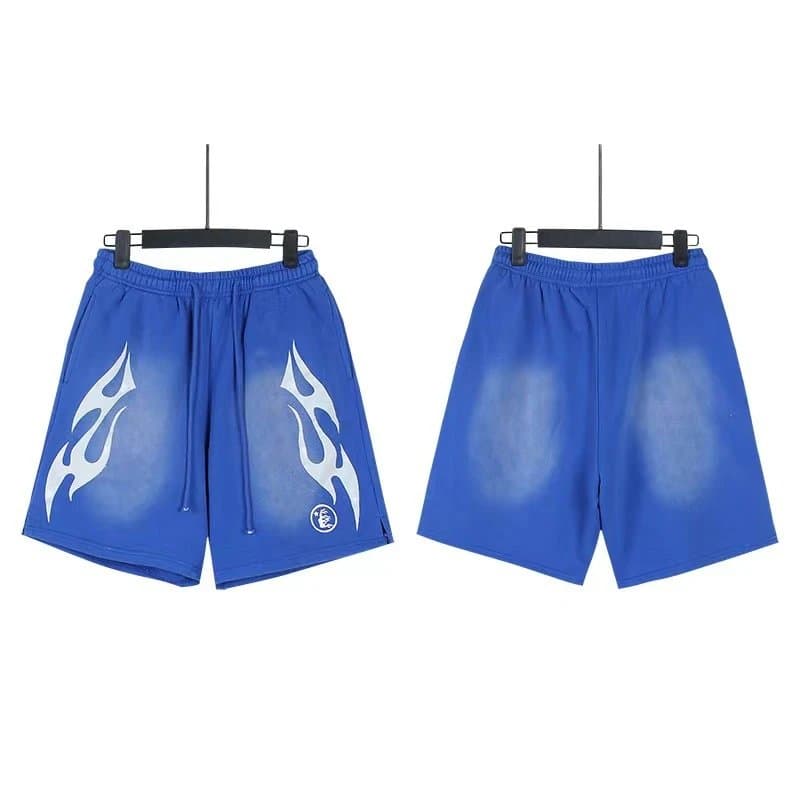 Sp5der Flame Shorts Pink with Black Flame Print — 777洗水做旧蓝色