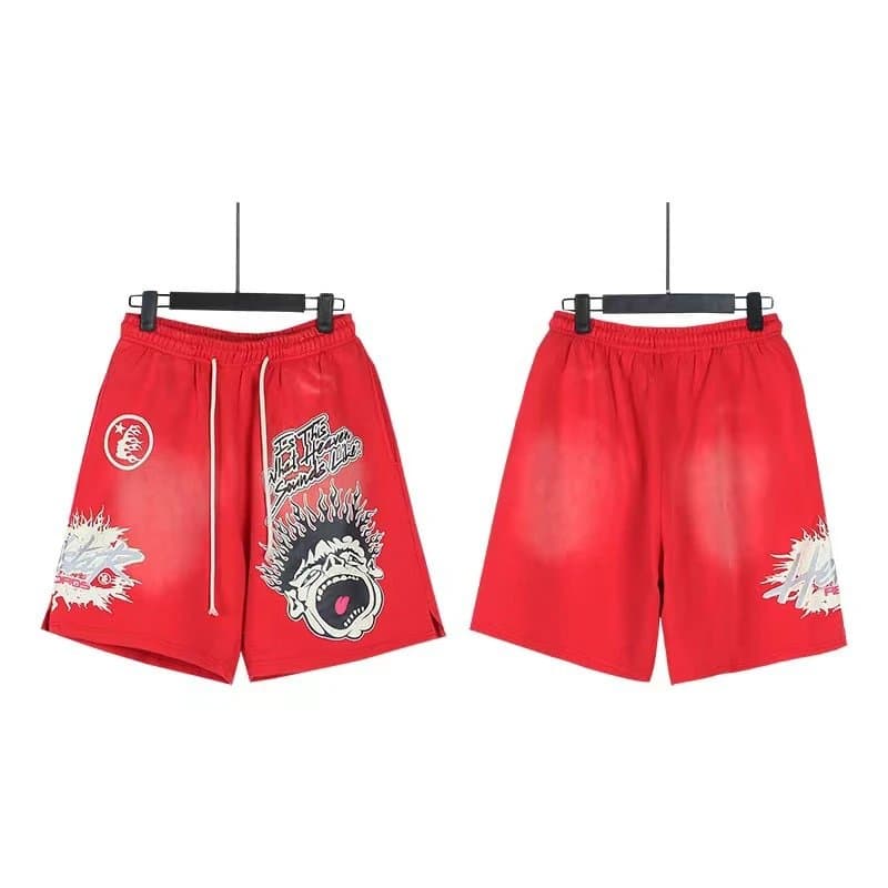 Sp5der Flame Shorts Pink with Black Flame Print — 778洗水做旧红色