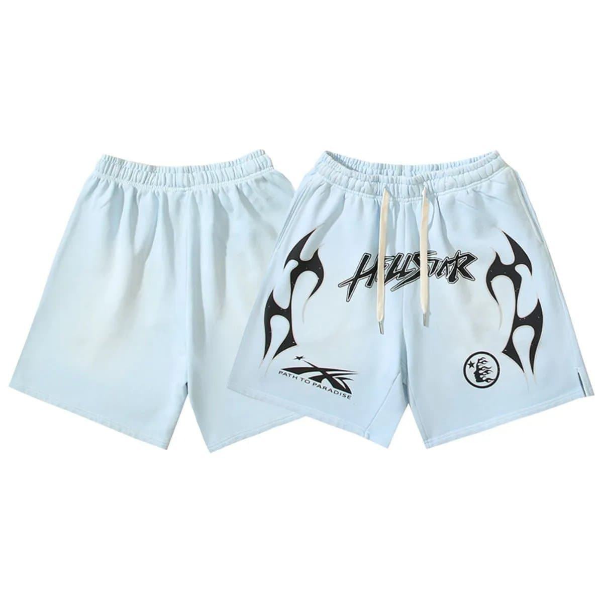 Sp5der Flame Shorts Pink with Black Flame Print — 701洗水做旧蓝色