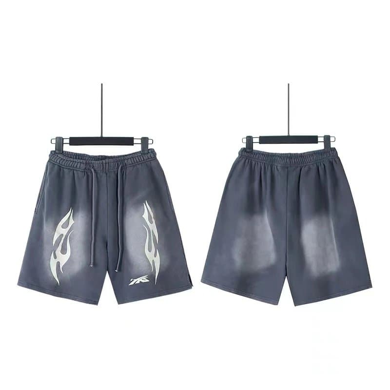 Sp5der Flame Shorts Pink with Black Flame Print — 716洗水做旧灰色