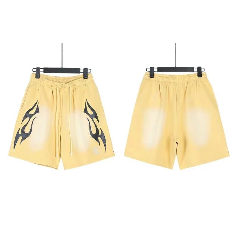 Sp5der Flame Shorts Pink with Black Flame Print — 777洗水做旧黄色