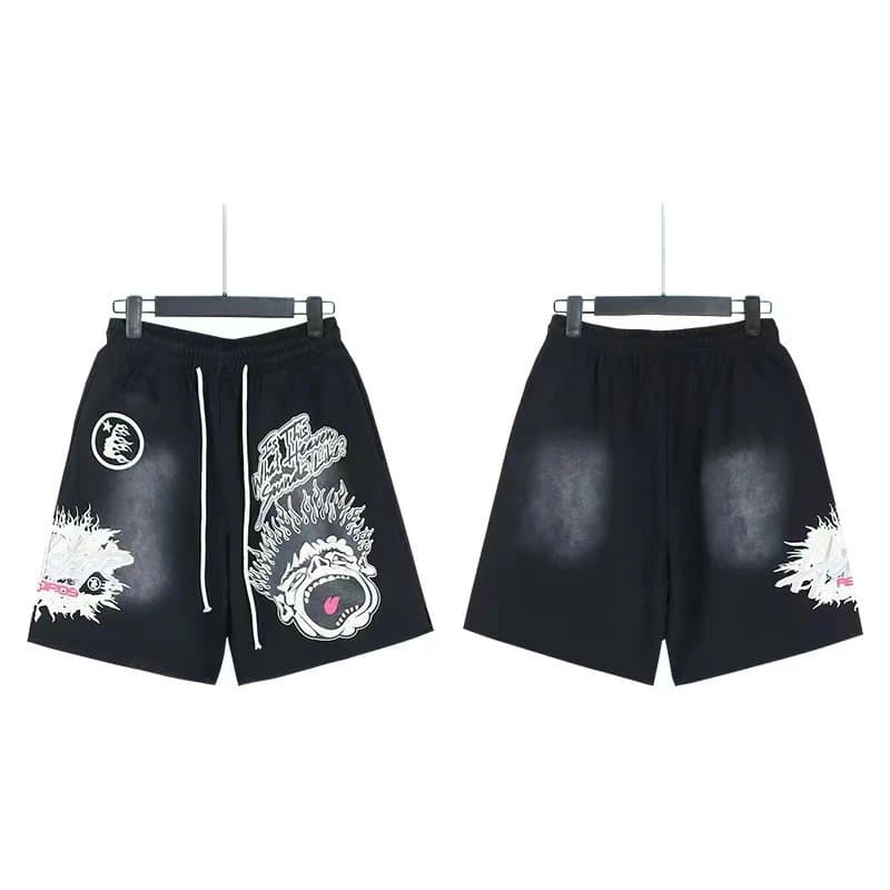 Sp5der Flame Shorts Pink with Black Flame Print — 778洗水做旧黑色