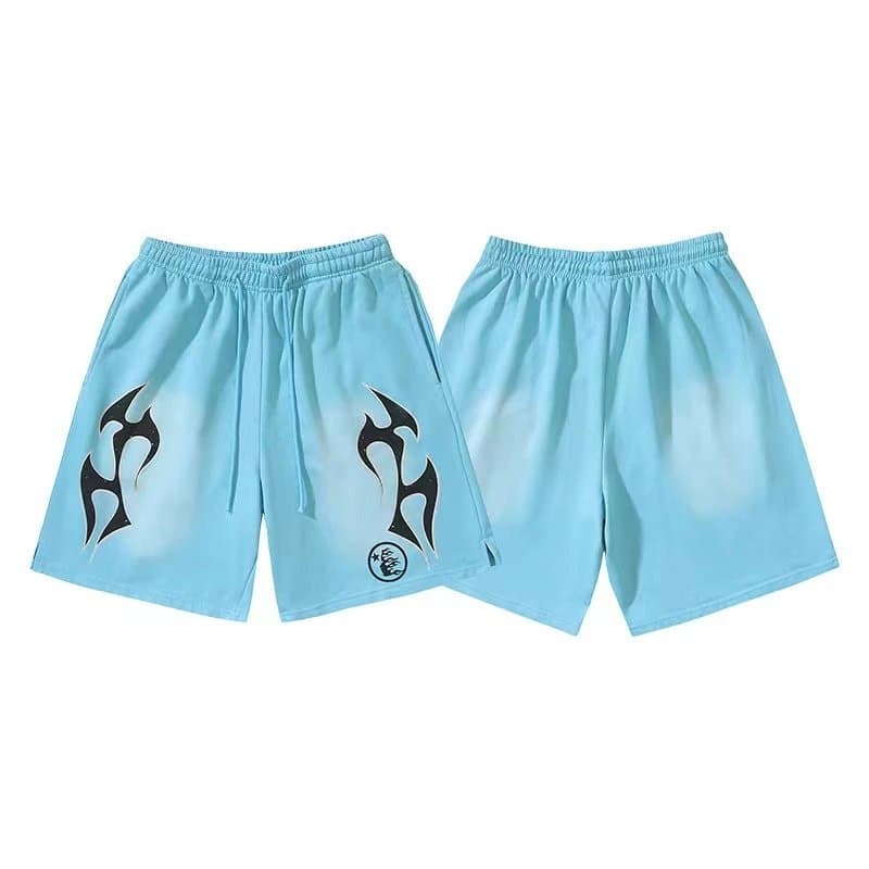 Sp5der Flame Shorts Pink with Black Flame Print — 772洗水做旧蓝色
