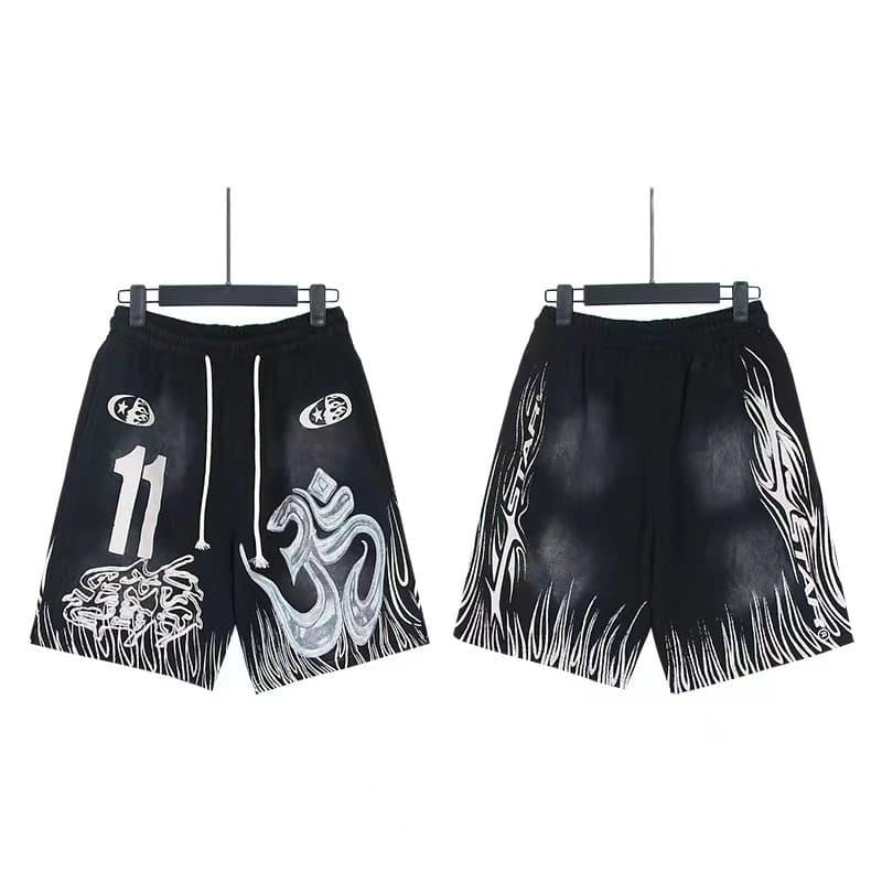 Sp5der Flame Shorts Pink with Black Flame Print — 788洗水做旧黑色
