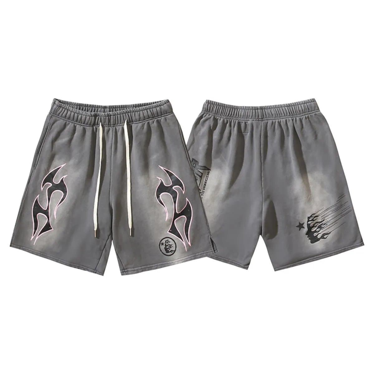 Sp5der Flame Shorts Pink with Black Flame Print — 703洗水做旧灰色