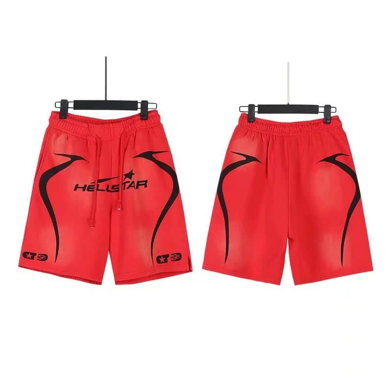 Sp5der Flame Shorts Pink with Black Flame Print — 767洗水做旧红色