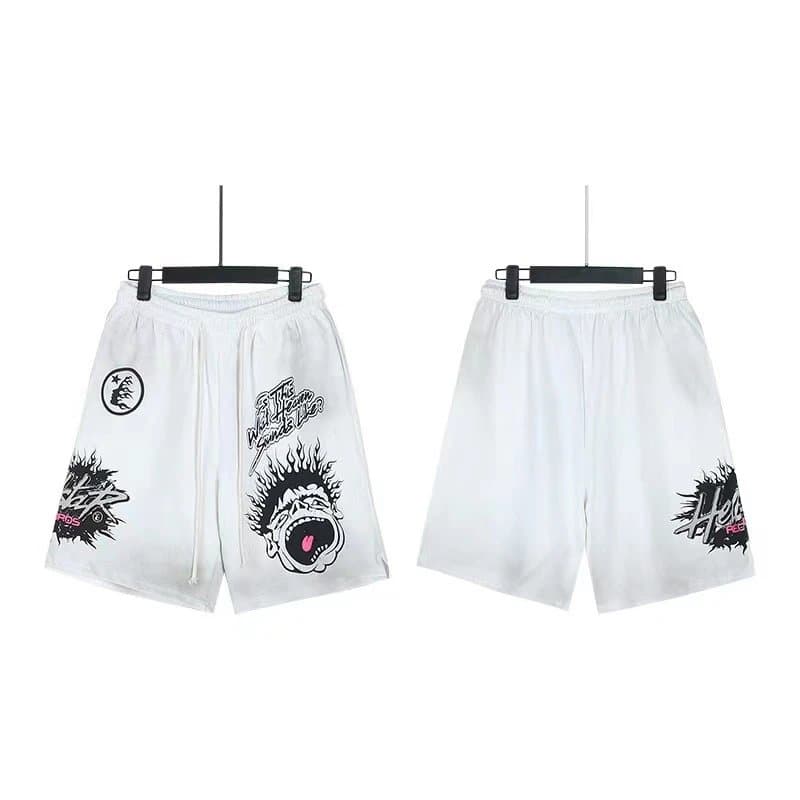 Sp5der Flame Shorts Pink with Black Flame Print — 778洗水做旧白色