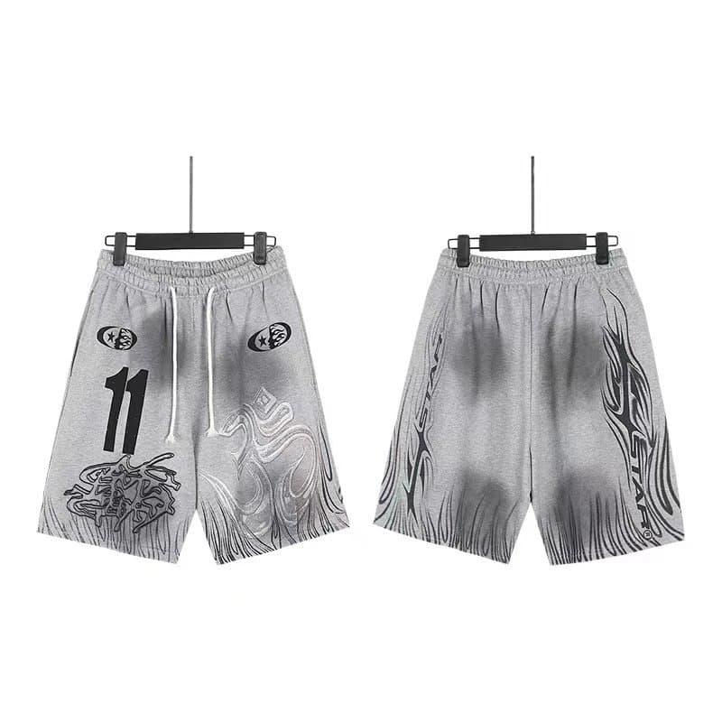 Sp5der Flame Shorts Pink with Black Flame Print — 788洗水做旧灰色