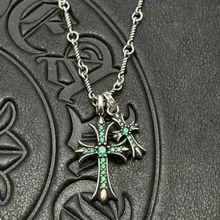 Chrome Hearts Cross Pendant Pave Blue Sapphire — CX085做旧绿钻 (配麻花链)