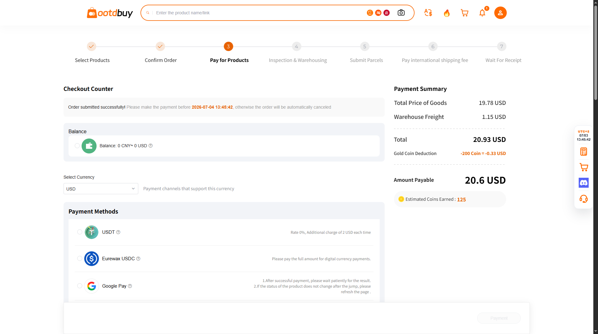 OOTDBUY checkout counter for the delisted listing, USD 20.6 payable